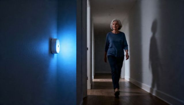 Senior woman walking down hallway guided by blue motion sensor night light for safety
