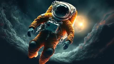 Astronaut in Orange Spacesuit Drifting Through Mysterious Nebula Clouds