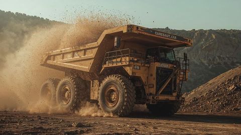 Massive mining haul truck churning dust in open-pit quarry
