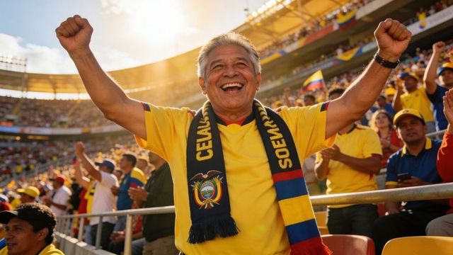 Senior fan cheering and raising arms in stadium wearing yellow jersey and ecuador tricolor scarf