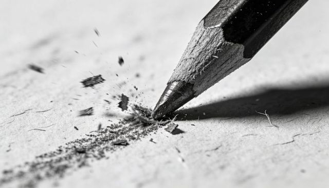Graphite pencil tip creating shavings on textured paper monochrome macro detail