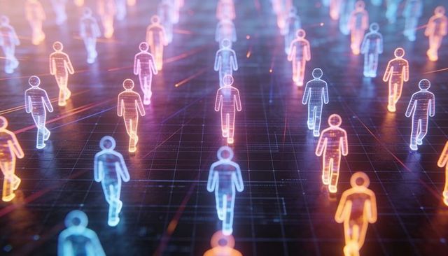 Holographic avatars advancing on digital grid visualizing virtual crowd and ai network