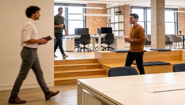 Professionals walking through modern open-plan coworking space holding coffee and devices