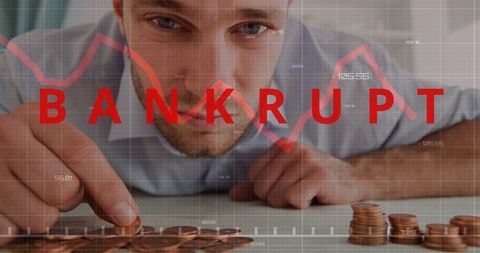 Man Counting Coins with Bankrupt Text Overlay, Emphasizing Financial Struggle - Download Free Stock Images Pikwizard.com
