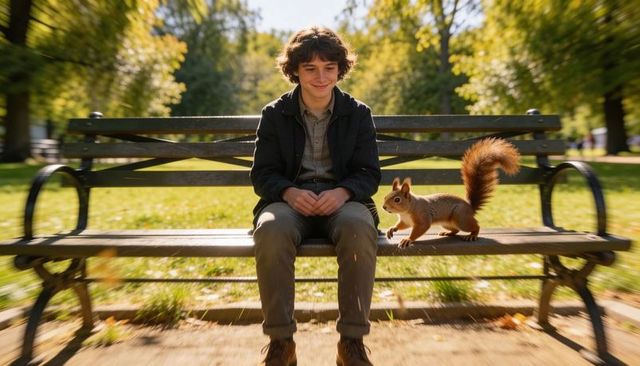 Teen boy sitting on park bench smiling at curious squirrel during autumn sunlit park