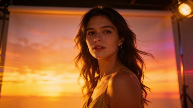 Backlit model posing with sunset backdrop and golden-hour rimlight, warm portrait