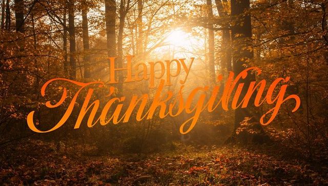 Glowing cursive happy thanksgiving floating across golden sunlit autumn forest