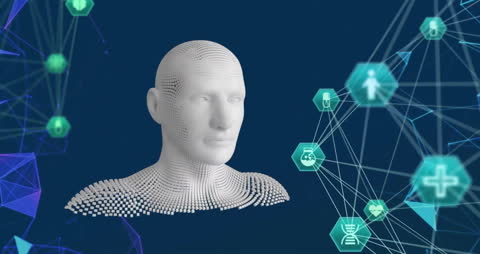 Digital Human Bust with Network Connections and Technology Icons