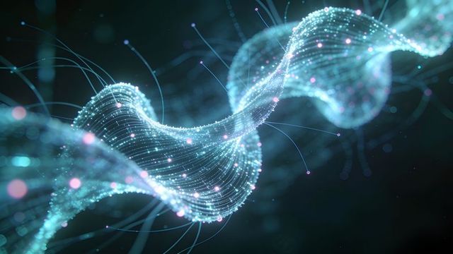 Luminescent data ribbon flowing through dark space with neon nodes, filaments, bokeh