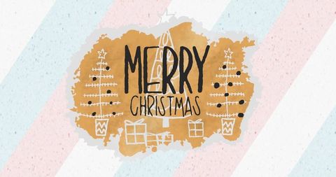 Hand-lettered merry christmas watercolor design on pastel stripes with doodle trees and gifts