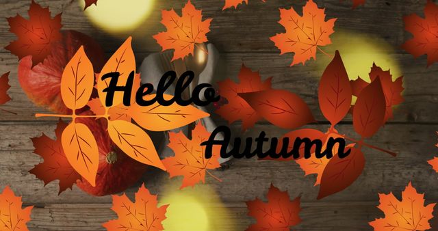 Hello Autumn Text with Fall Leaves and Pumpkins on Wood Background - Download Free Stock Images Pikwizard.com