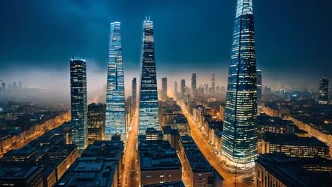 Drone View Capturing Iconic Skyline with Illuminated Towers