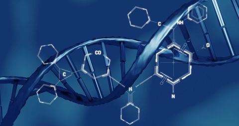 Futuristic dna strand with organic chemistry diagrams