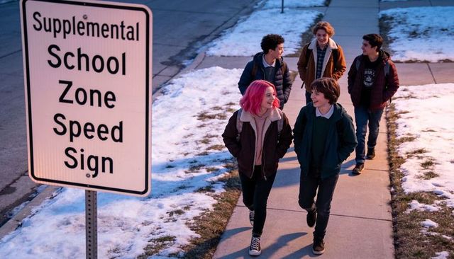Teens walking home after school laughing and talking on snow-lined sidewalk at dusk