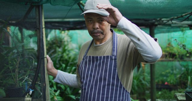 African american male gardener taking off cap and looking at camera at garden center. working at bonsai nursery, small specialist business.