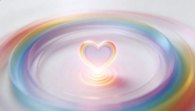 Glowing layered holographic heart hovering over reflective surface with rainbow ripples