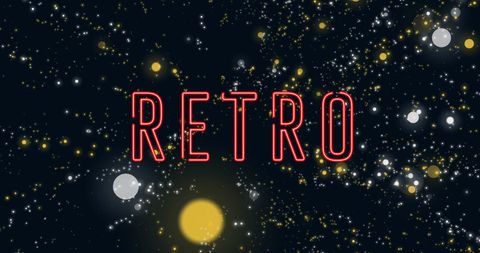 Retro neon text against starry background