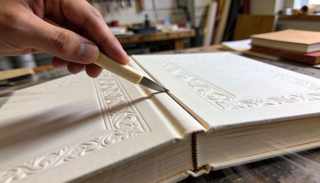 Bookbinder cutting spine with craft knife for restoration and hand-binding repair workshop