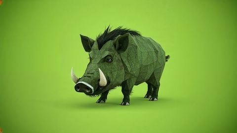 Polygonal green wild boar on vibrant green background