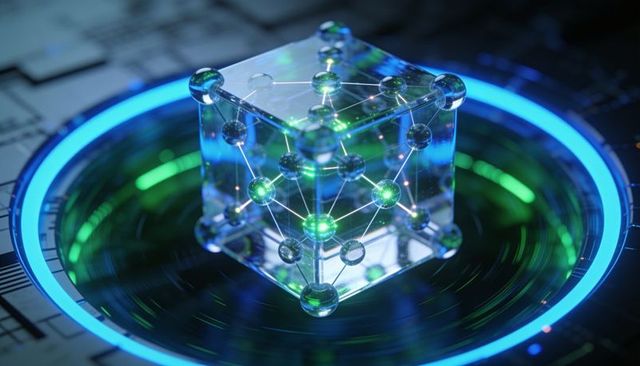 Transparent glass cube revealing glowing green lattice on neon circular circuit platform