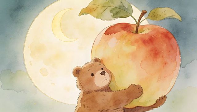 Bear cub hugging oversized apple under moonlight watercolor whimsical nursery wall art