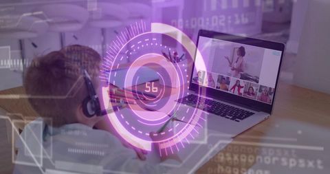 Young student attending online class with headset and futuristic HUD education overlay