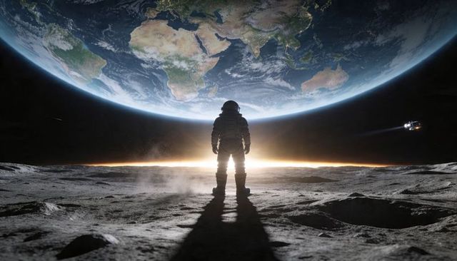 Astronaut standing on moon watching earthrise with approaching lunar spacecraft