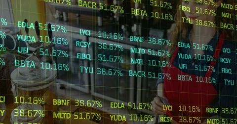 Café Barista Serving Coffee with Financial Ticker Overlay