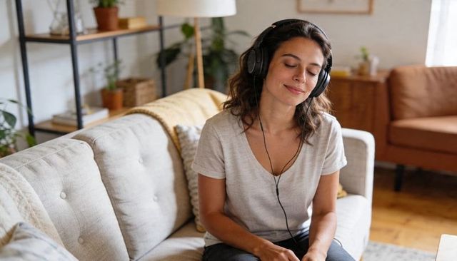 Serene woman listening with wired headphones while relaxing on cozy living room sofa
