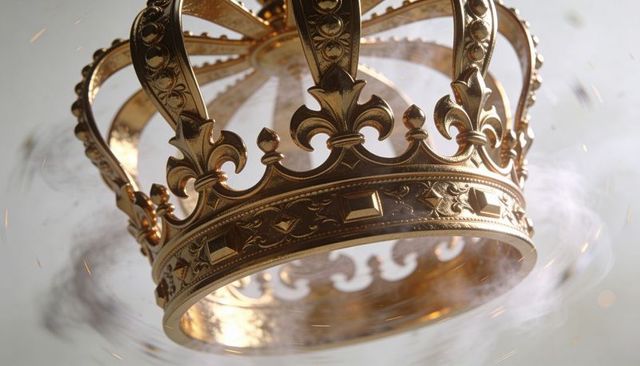 Rotating ornate gold crown with fleur-de-lis and filigree, floating amid smoke and sparks