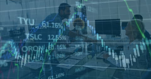 Business Agreement with Financial Data Overlay in High-Tech Office