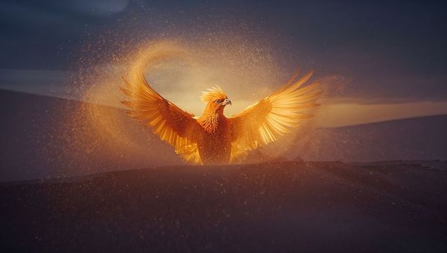 Rising golden phoenix spreading wings over desert dunes at dusk