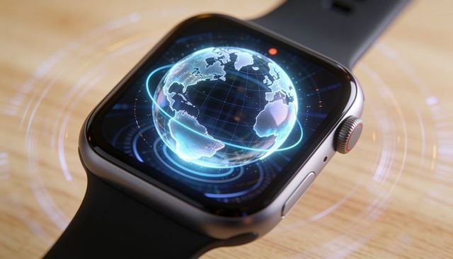 Smartwatch projecting holographic globe with orbit trails, futuristic wearable technology
