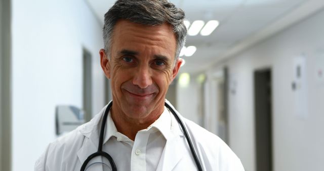 Confident Male Doctor with Stethoscope Standing in Hospital Corridor - Download Free Stock Images Pikwizard.com