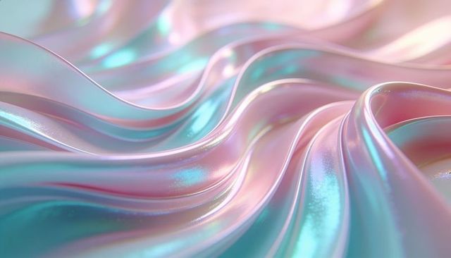 Iridescent pastel silk waves with pearlescent sheen and glittery specular highlights macro