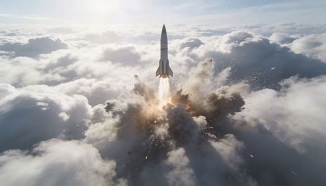 Finned Rocket Launching Through Cloud Deck with Fiery Exhaust Plume and Rising Sparks Cinematic
