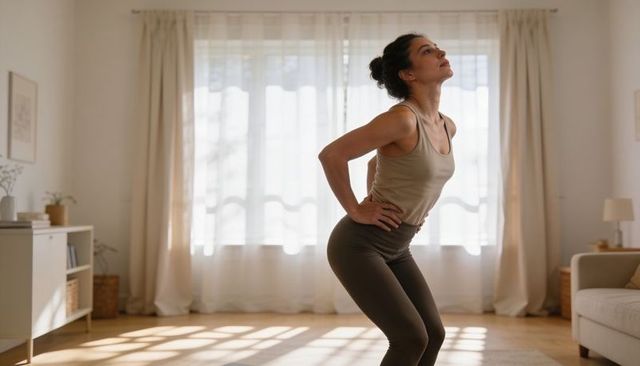 Young woman stretching for morning mobility and wellness in sunlit minimalist living room