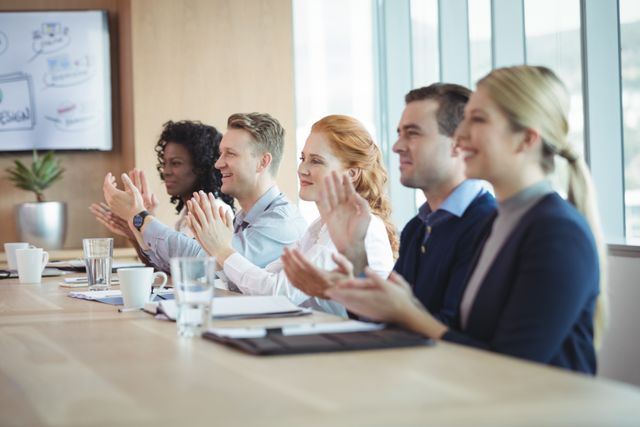 Happy business people clapping at conference table during meeting in board room