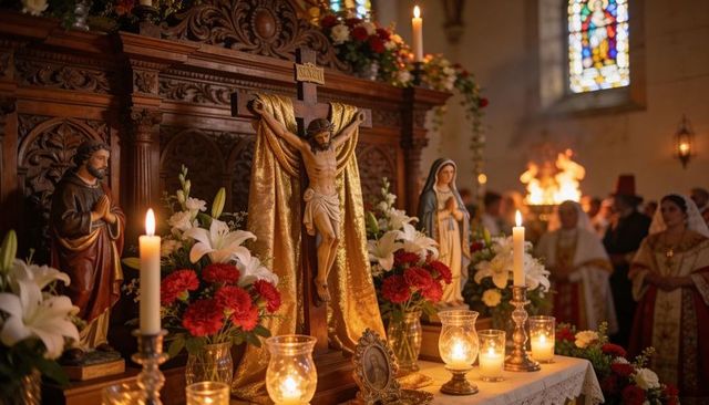 Golden-draped crucifix on candlelit altar with floral votives and robed clergy during mass