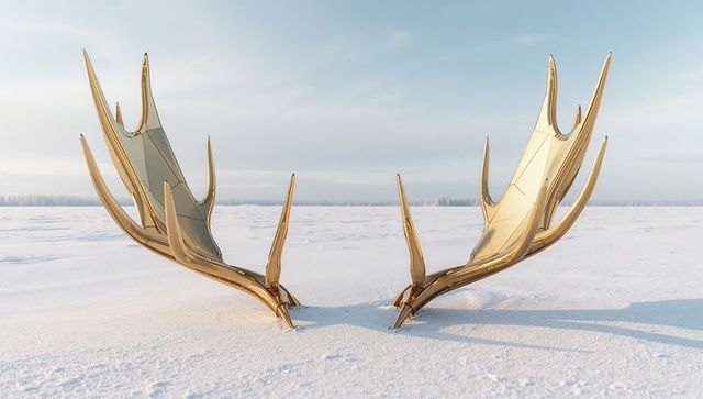 Golden antler sculptures reflecting pale sky on snowfield, minimalist symmetry