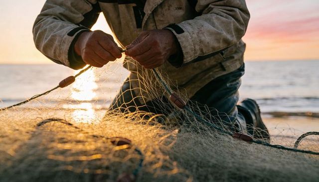 Fisherman mending fishing net at sunset on coastal shoreline