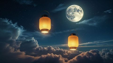 Enchanted lovers lanterns floating under a moonlit sky