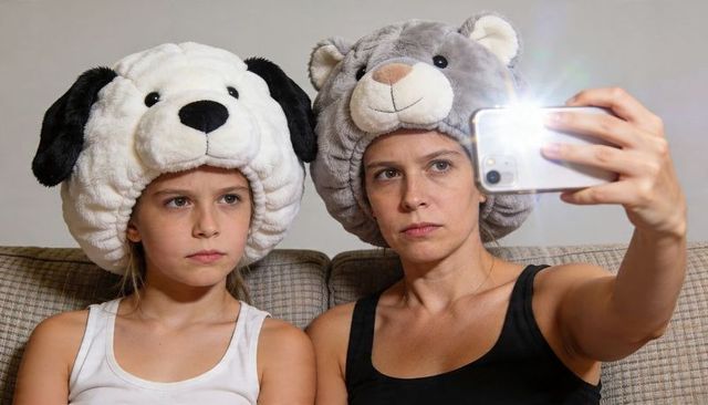 Mother and daughter wearing plush animal hats taking selfie on couch with phone flash