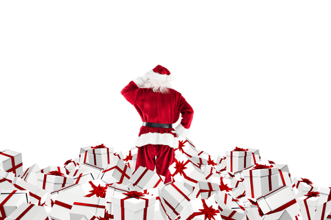 Santa Standing on Transparent Pile of Christmas Gifts Facing Forward
