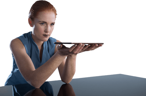 Transparent Businesswoman Holding Digital Tablet on Reflective Surface - Download Free Stock Videos Pikwizard.com