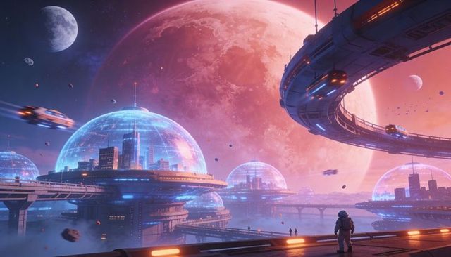 Astronaut observing futuristic domed city with orbital transit ring and red planet sky