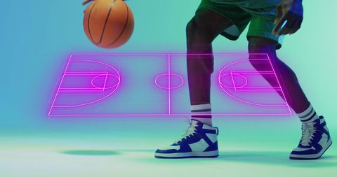 Futuristic Basketball Player with Digital Court Hologram