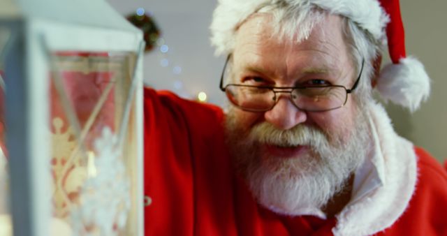A Caucasian senior man dressed as Santa Claus is smiling warmly, with copy space. His festive attire and cheerful demeanor embody the spirit of the holiday season.