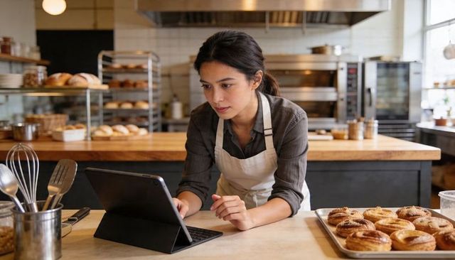 Baker using tablet at bakery counter with fresh pastries and industrial ovens