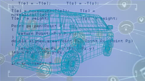 Futuristic Car Design with Data Processing Graphics Overlay